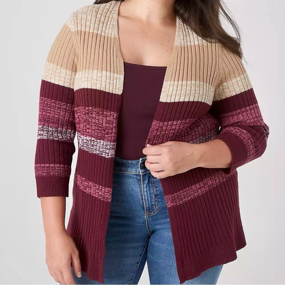 NWT Lane Bryant ‘Classic Open-Front Spacedye Stripe Cardigan’ in Maroon Sz 10/12